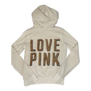 PINK Victoria's Secret Faux Fur Lined Hoodie w/ Gold Sequins, SM, Ivory, EUC!